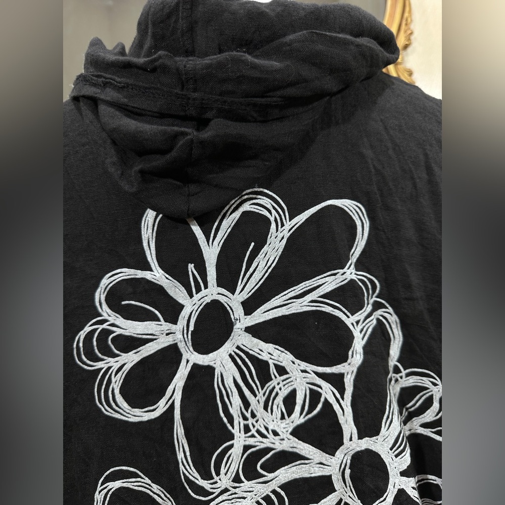 Gigi Moda Italy Linen Hooded Jacket Black Drawstring Hem Floral Back OS - Picture 10 of 15